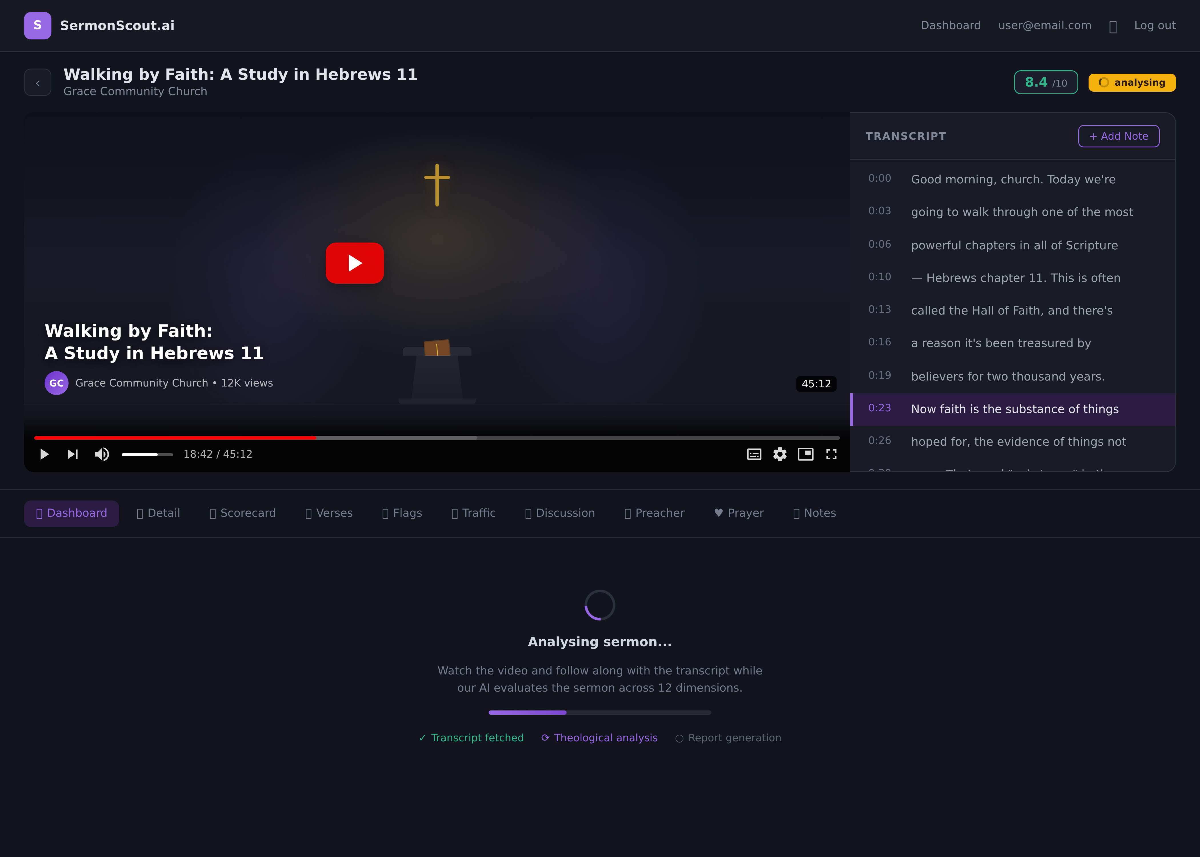 SermonScout YouTube player with live transcript